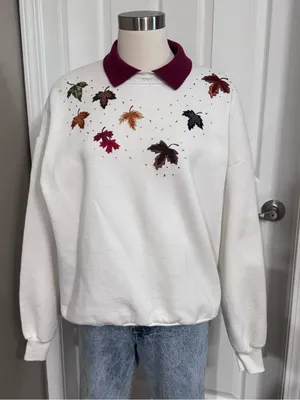 Vintage Fall Leaf Sweatshirt 90s Embellished Collar White Burgundy XL thumbnail 1