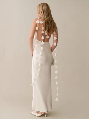 NWT Few Moda Ingrid Dress size Small S Ivory Cream silky ruffle maxi o.p.t cowl thumbnail 6