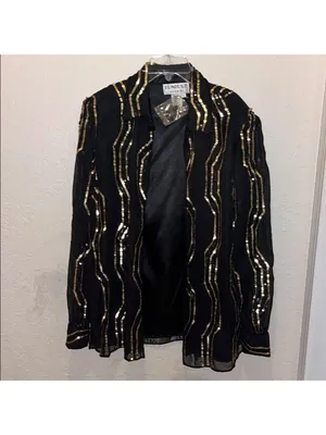 Vintage Evening mini dress Black Gold Heavy Sequin Formal Jacket Blazer Formal thumbnail 3