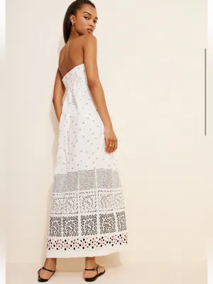 Anthropologie Strapless Deco White Patterned Maxi Summer Dress Linen Cotton thumbnail 2