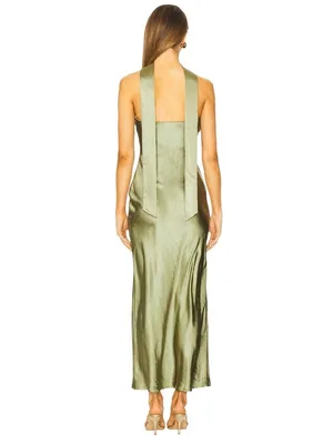 SNDYS Angelina Neck Tie Maxi Dress in Olive XXSmall as-is Womens Satin Long Gown thumbnail 2