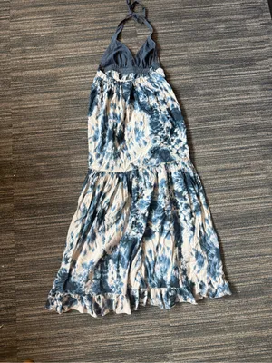 Moda International XS Blue White Tie Dye Halter Maxi Dress 100% Cotton thumbnail 3