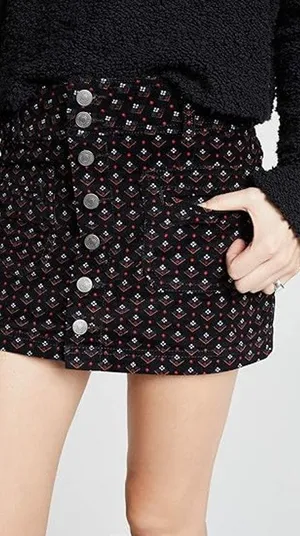 We the Free People Womens Skirt Sz 29 Black‎ Print Joanie Corduroy Mini Buttons thumbnail 1