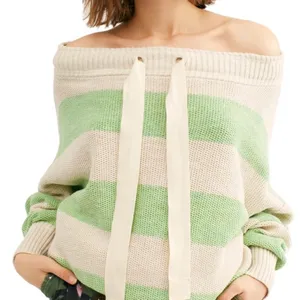 Free People Cassidy Off the Shoulder Pullover‎ Sweater Green Stripe Relaxed thumbnail 1