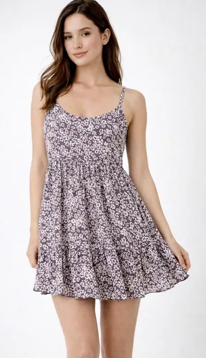 Kiwi + Punch Boho Floral Babydoll Mini Dress Lace Up Back Misty Plum Small NWT thumbnail 1