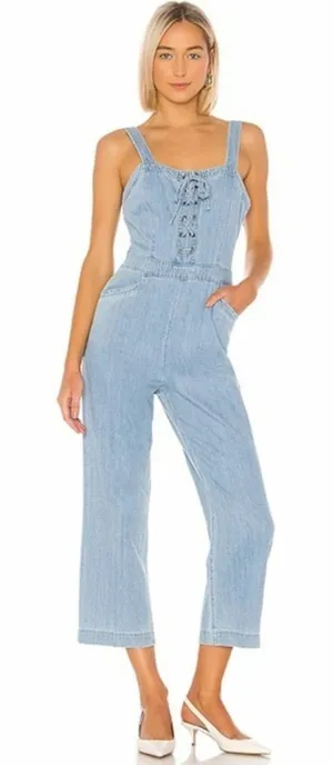 Paige x Revolve November Denim Jumpsuit Overalls Zeila‎ Crop Wide Leg Lace Up XL thumbnail 1