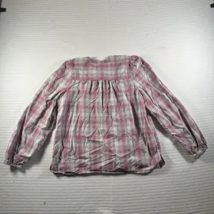 LOFT Women’s Medium Plaid Smocked Peasant Blouse Pink Gray Button Front thumbnail 9