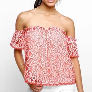 Heartloom Ilaria Coral Lace Off Shoulder Pom Pom Top Small thumbnail 1