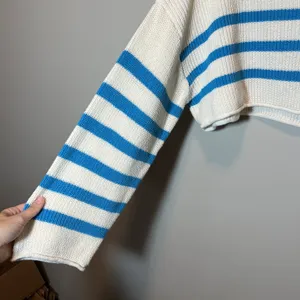 Zara Women's Medium Striped Cropped Knit Sweater Blue Cream Long Sleeve Boxy Fit thumbnail 7
