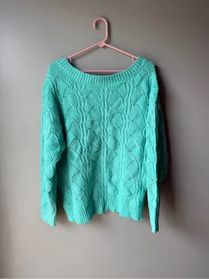 Mint Green Cable Knit V-Neck Sweater Coastal Cottagecore Soft Women’s thumbnail 6
