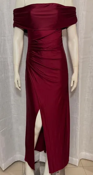 Off Shoulder Satin Maxi Dress Burgundy Pleated Ruched Front Slit Gown S thumbnail 1