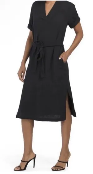 Magaschoni Black Gauze Tie-Waist Midi Dress with Side Slit M thumbnail 1