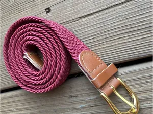 Burgundy Wine Braided Stretch Belt Gold Buckle Tan Leather Trim 45” thumbnail 1