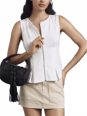 Pilcro Zip-Front Peplum Top Anthropologie NWT Ivory XXS thumbnail 1