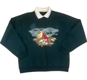 VTG 90s Morning Sun Cardinal Winter Scene Collared Sweatshirt Womens M Green thumbnail 1