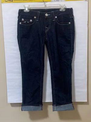 WLHJ58FE2 Americana Chain Dark Rinse Rolled Capri Jeans $209 EUC 28 thumbnail 3