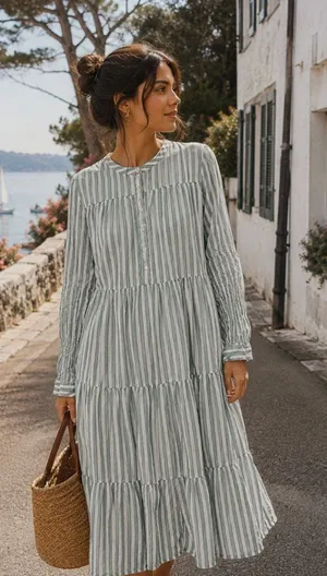Pink City Prints Blue Green Stripe Long Sleeve Dress M Coastal Grandmother Cotta thumbnail 1