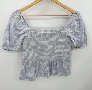 J.Crew Top Women‎ SMALL Purple White Striped Short Sleeve Smocked Cropped thumbnail 1