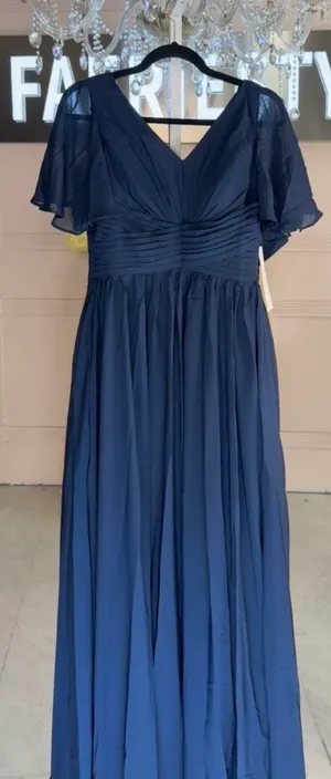 Navy blue chiffon maxi dress with flutter sleeves, v-neckline, and ruffled bodice #formal #weddingguest #paddedbra thumbnail 1