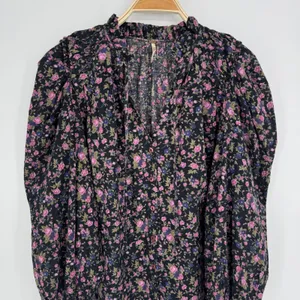 Free People Meant to Be Blouse Medium Black Floral Boho Romantic Puff Sleeve Top thumbnail 3