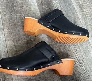Mia Milpu Swedish Wood and Vegan Leather Clogs Size 10 Mules Black Shoes NWOT thumbnail 1
