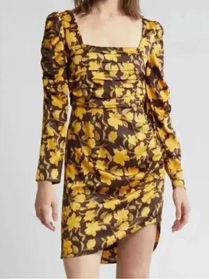 NWOT Floret Studios Brown and Yellow Floral Shirred Long Sleeve Mini Dress Sz L thumbnail 2