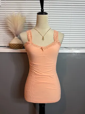 Peach Lace Ruched Fitted Cami Tank Top Small thumbnail 3