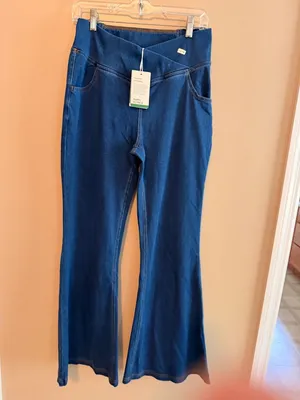 Halara large Womens Dark Wash Denim Criss Cross Waist Flare Jeans Size L thumbnail 6