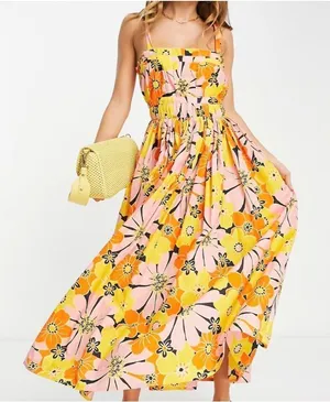 ASOS DESIGN strappy midi skater sundress in bold yellow floral size 0 thumbnail 1