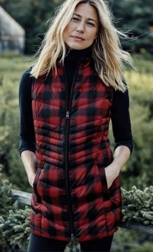 J. Jill Womens Buffalo Plaid Full Zip Quilted Puffer Long Down Vest Red Black XS thumbnail 1