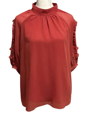 Ann Taylor Size M Blouse Top Ruffles Semi Sheer Short Sleeves Mockneck thumbnail 1