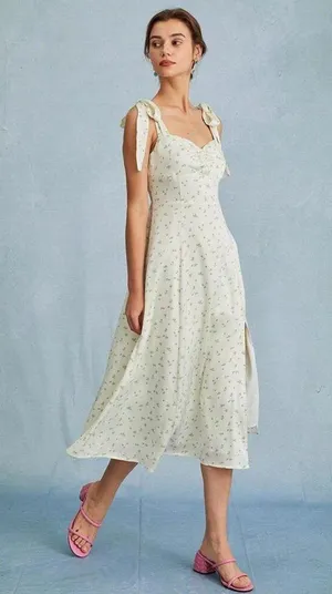 RIHOAS The Light Green Satin Floral Tie Strap Slit Midi Dress S 76 thumbnail 2