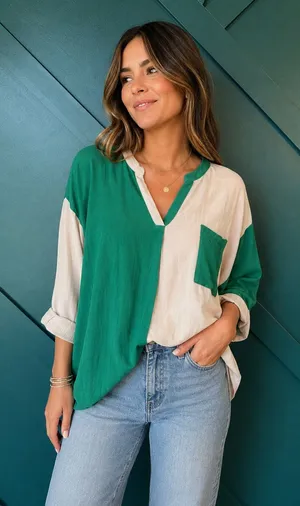 JODIFL Linen Blend Colorblock Tunic Top V Neck Pocket Blouse Size L thumbnail 1