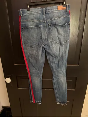 Express Dark Blue Skinny Jeans with Red Side Stripe thumbnail 4