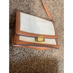 Rachel Zoe Small Crossbody Bag Leather Canvas Cream Brown Gold Turn-Lock thumbnail 3