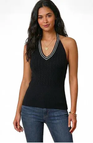 Banana Republic Black sweater halter neck top with white stripes built-in bra Si thumbnail 1