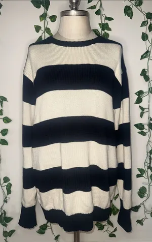 Brandy Melville Oversized Brianna Cotton Thick Stripe Sweater Cream & Navy thumbnail 1