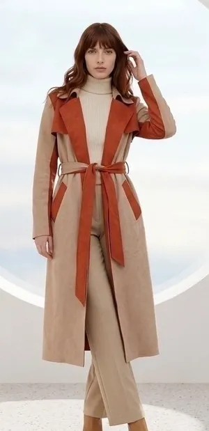 NWT Solitaire Faux Suede Trench Coat Boho Peach Rust Orange Duster Belted Size M thumbnail 1