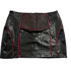 Zara Faux Leather Black Quilted Red Piping Moto Mini Skirt‎ Size L Biker Rock thumbnail 4