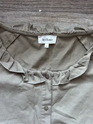 Bohme Linen Blend Ruffle Neckline Short Sleeve Button Down Top Sage Green Large thumbnail 3