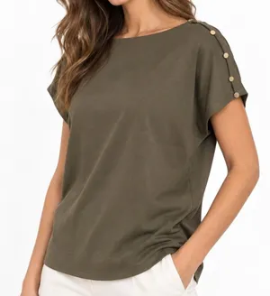 Women's Olive Green Blouse Size L Boat Neck Cap Sleeve Button Shoulder Relaxed thumbnail 1