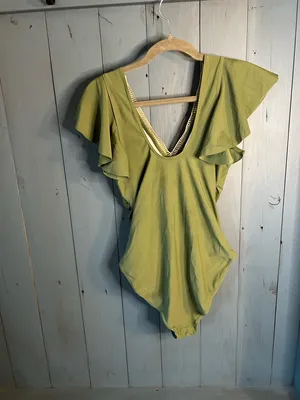 “B” Olive Green One-Piece Swimsuit w/ Crochet V-Neck & Flutter Sleeves | M (New) thumbnail 8