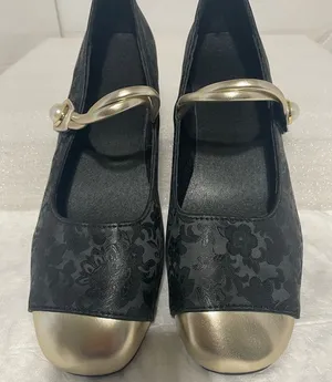 Black Floral Mary Jane Heels with Gold Toe and Pearl-Embellished Strap thumbnail 1