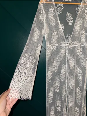 En Crème Sheer White Long Kimono Lace Maxi Swin suit Cover-Up Bridal Robe thumbnail 3