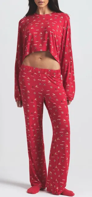 NWT SKIMS Soft Modal Blend Pajama Set Cranberry Vintage Deer Print thumbnail 1