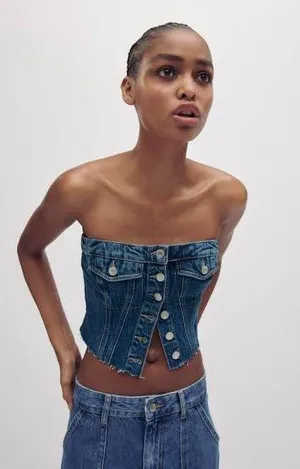 Zara crop top corset denim jeans button up thumbnail 2