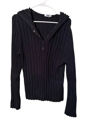 Old Navy Womens Ribbed Hooded Henley Sweater Black Half Snap Stretch Long Sleeve thumbnail 1
