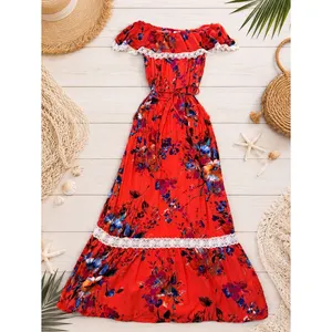 Floral Off Shoulder Maxi Dress Coral Orange Boho Resort Lace Trim Medium Umgee thumbnail 8
