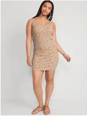 Old Navy Fitted Rib-Knit Mini Dress in Tan & White Floral - Size: Large thumbnail 4