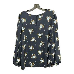 Loft Women's Size L Blouse Top Long Sleeve Blue Floral Polyester Crew Neck thumbnail 5